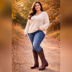 Women’s Burgundy Western Embroidered Leather Knee-High Boots